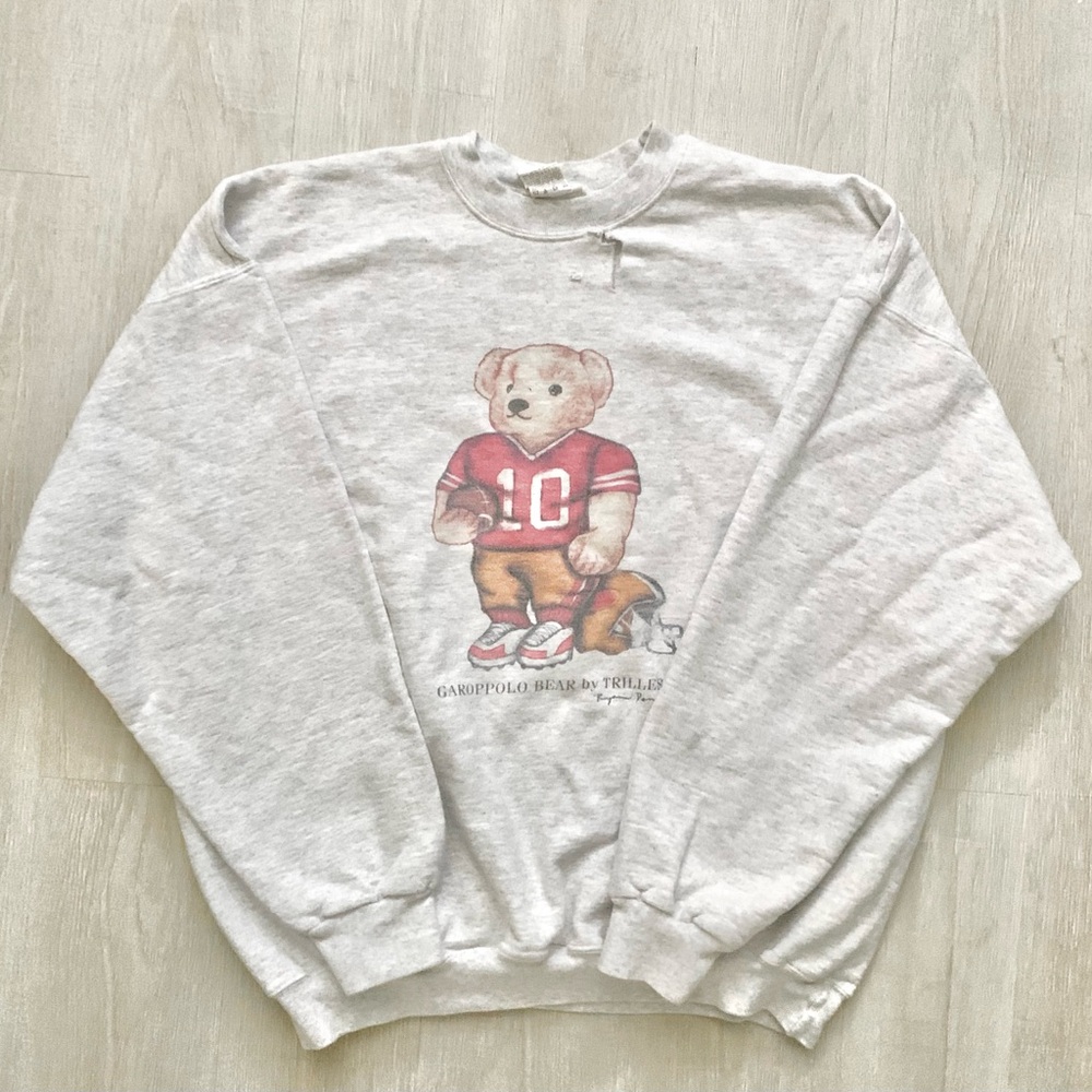 Garoppolo Bear by Trillest Crewneck Sweatshirt Heather Grey/White  XL